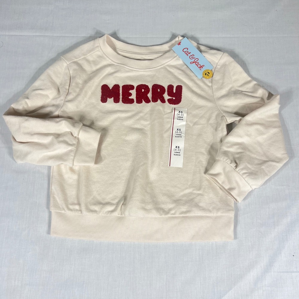 Cat & Jack Sweatshirt Merry Glitter Chenille Cream Girls XS 4/5